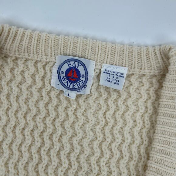 Vintage 80s 90s Men's L Bay Waters cream zig zag knit button up Cardigan sweater - Picture 2 of 5